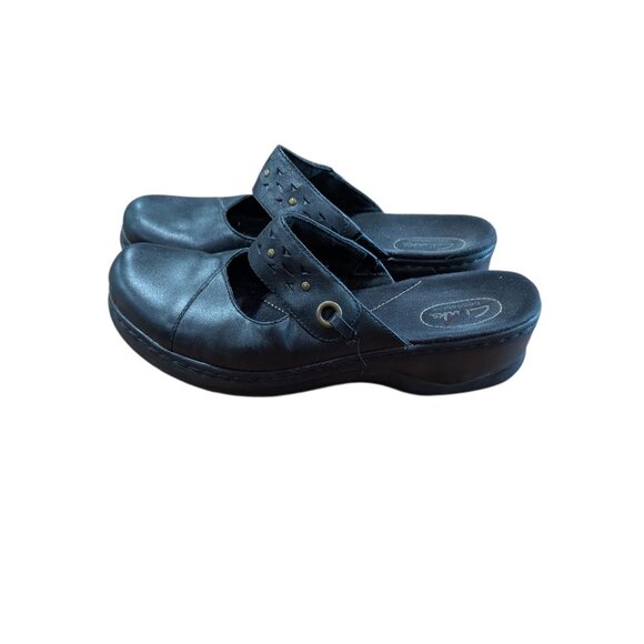 Clarks Bendables Black Leather Slip On Backless Mary Janes/Clogs Sz 10M - Picture 1 of 8